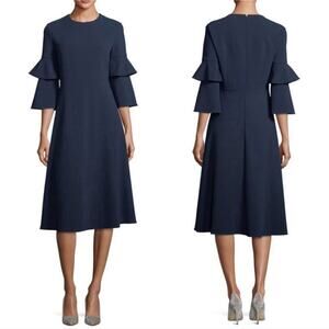 Tibi Navy Double Tiered Bell Sleeve Midi Dress size 6. Crepe. Lined 3/4 Sleeve
